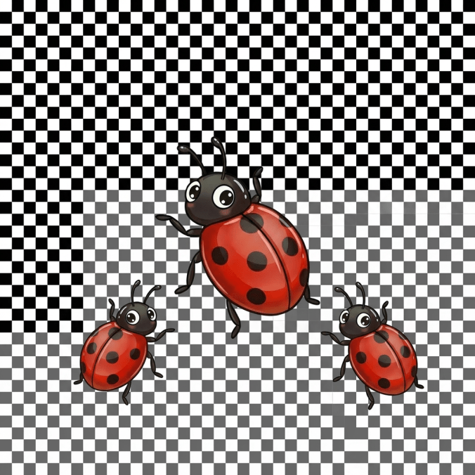 A red ladybug with black spots resting on a green leaf with water droplets.